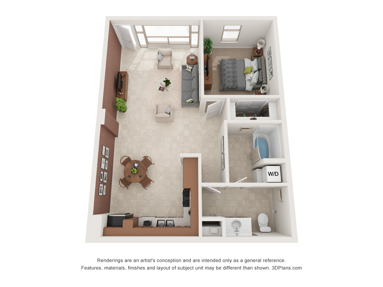 Floor plan for 1 bed, 1 bath, 888 sqft